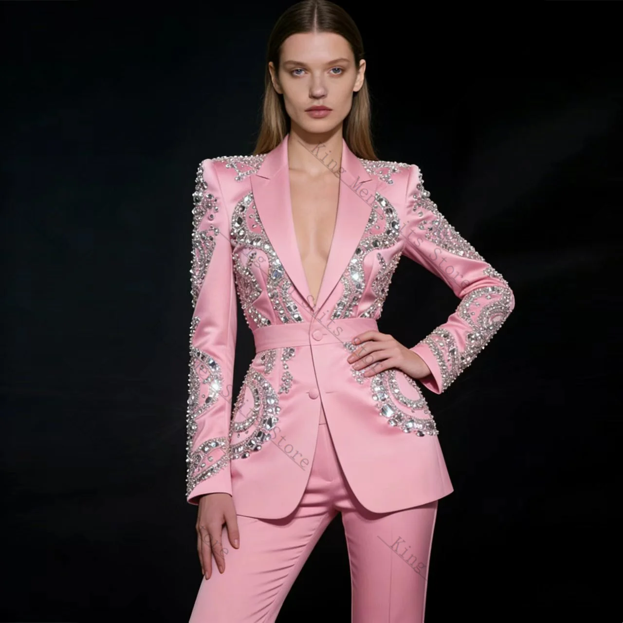 Spring Pink Women Suit Set 2 Pcs Blazer+Pants Trousers Crystals Customized Formal Office Wedding Tuxedos Coat Prom Jacket image 3