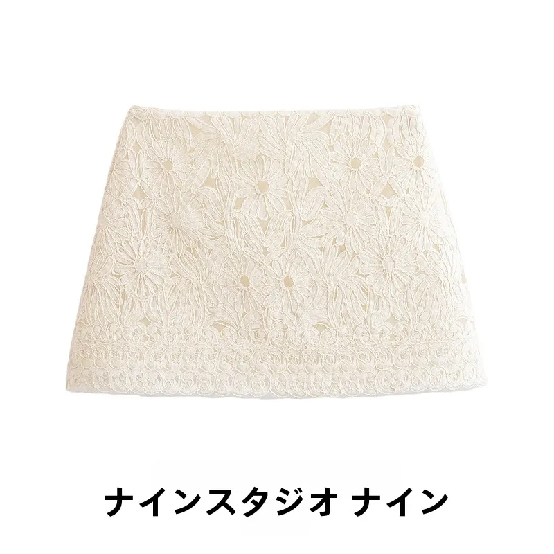 

NINE ZA Women's Water-Soluble Lace Embroidery High Waist Skirt Casual ort Skirts Ele A-Line Stand Fit Pure Color