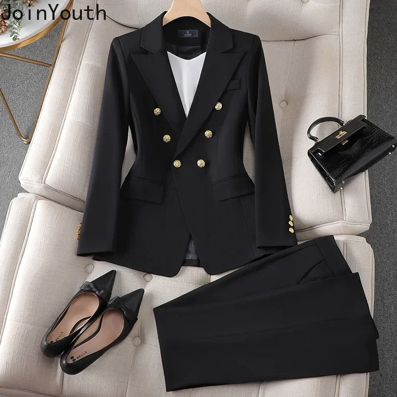 Elegant 2 Piece Set Women\'s Clothing Double-breasted Blazer Coat High Waist Straight Pants Suit Korean Femme Office Outfits