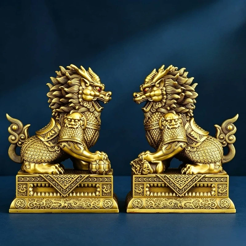 1pairs Brass Qilin Ornament with Base Bagua Auspicious Beast Bringing Good Fortune Home Living Room Decor