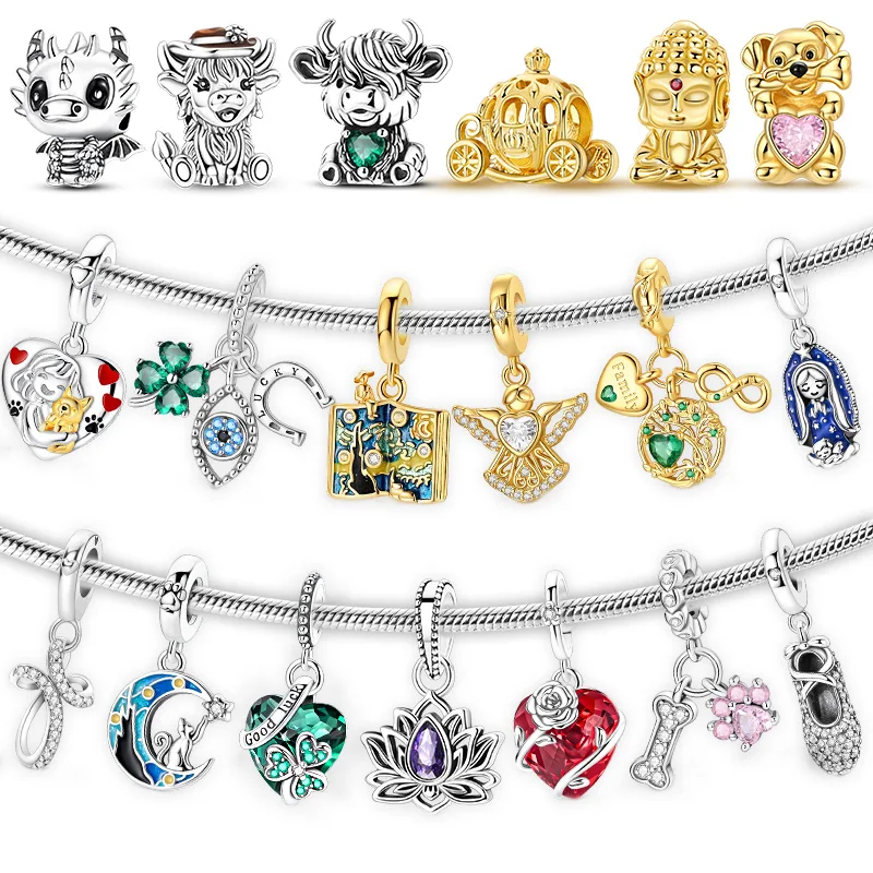 925 Sterling Silver Charms Beads Fit Bracelet Diy Golden Tathagata Buddha Lotus Highland Cattle Pendant For Woman Jewelry