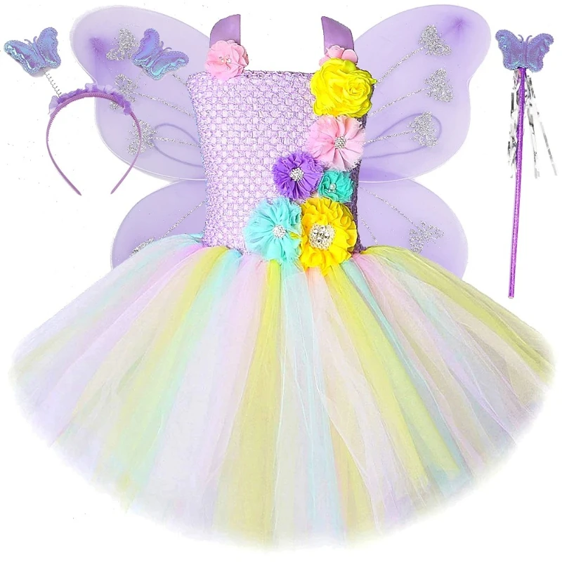Pastel Flower Fairy Dresses for Girls Christmas Halloween Disguise for Kids Butterfly Elf Princess Costumes with Wings