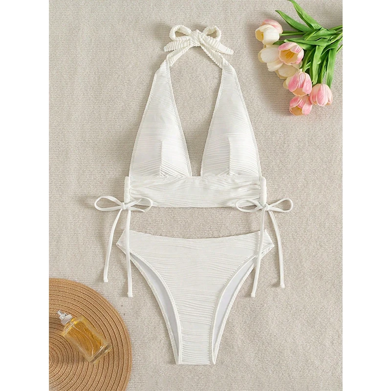 Conjunto de Bikini Blanco Sexy sin Espalda para Mujer, Traje de Baño de 2 Piezas para Playa, Verano 2026, Nuevo Traje de Baño con Cuello Halter