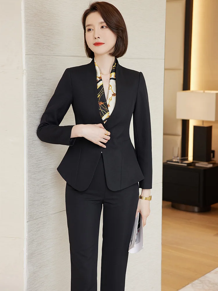 Slim 2 Piece Sets for Women 2024 Fashion Office Ladies Long Sleeve V Neck Single Button Blazers With Scarves Chic Skirt Suits
