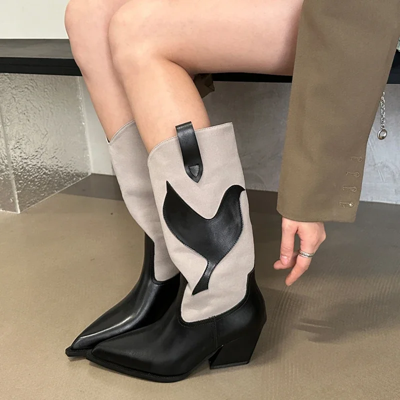 Eilyken Street Style Fashion Pointed Toe Square High Heels Mid-Calf Women Boots Female Shoes Western Chelsea Botas Mujer