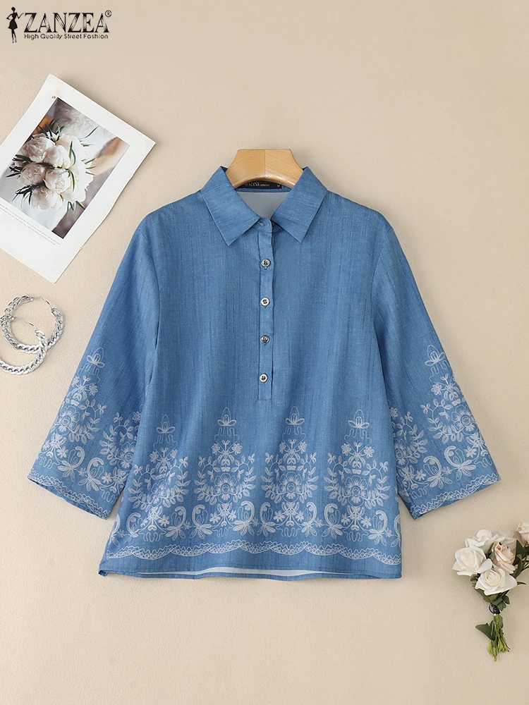 ZANZEA Bohemian Vintage Floral Print Bluse Frauen Casual Drehen-unten Kragen 3/4 Hülse Halb-Taste Blusas Mujer Urlaub lose Tops
