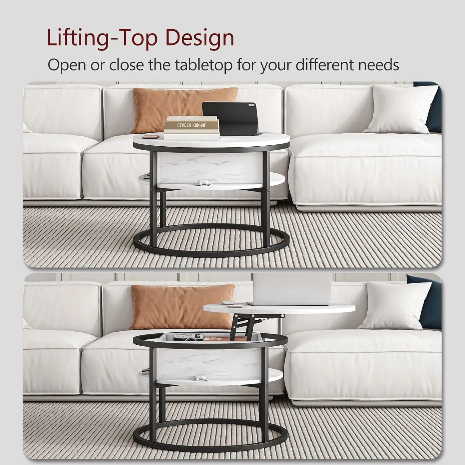 FarmhouseWhiteRoundLiftTopCoffee Table - 2-Tier Design withHidden Storage Compartment, Small Dining Center Table for Living Room