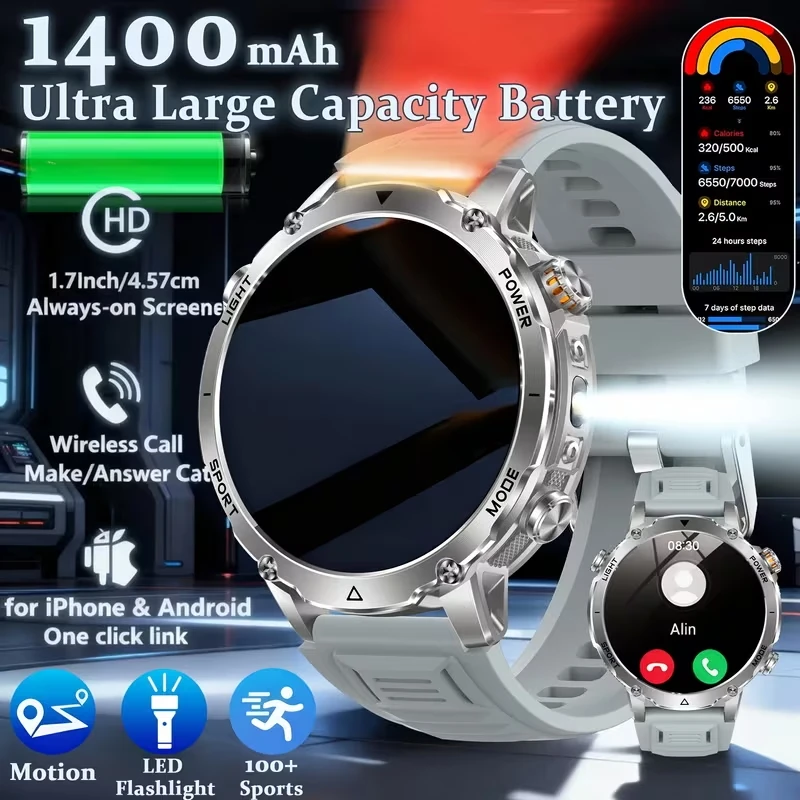 2026 new high-quality outdoor men's smartwatch,1400mAh battery,sleep monitoring,wrist screen, heart rate monitoring,holiday gift
