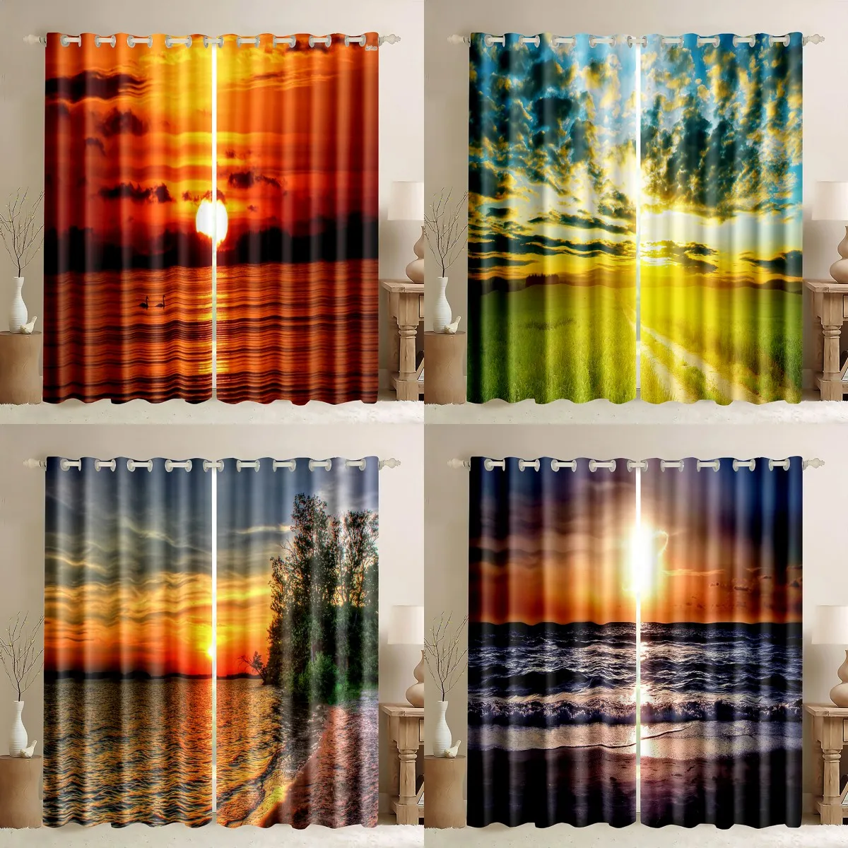 

Sunrise Beach Window Curtain,Forest Coastal Nature Landscape Blackout Shading Curtain For Bedroom Living Room Kicthen 2Pieces