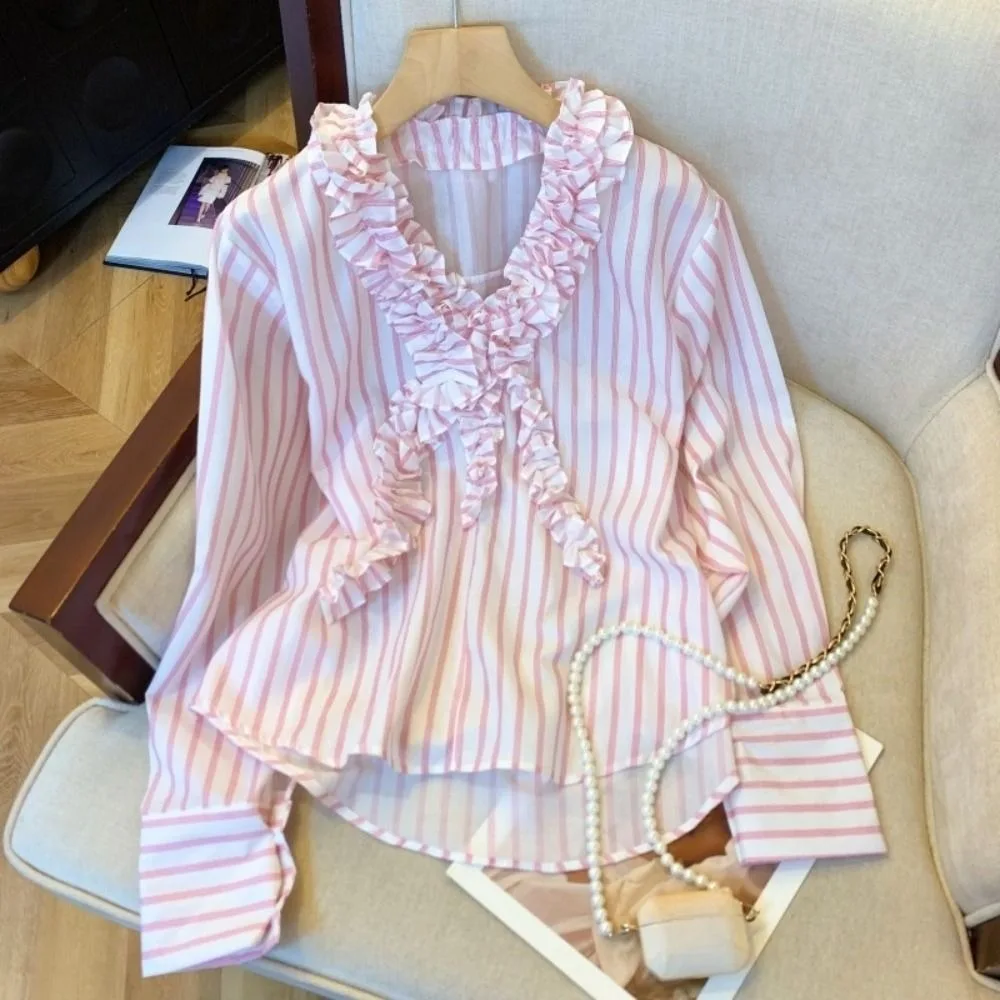 

Elegant Sweet Pink Stripe Blouse Tassel Loose Long Sleeve Shirts Curved Hem Ruffle Deep V Flouce Shirt Ladies