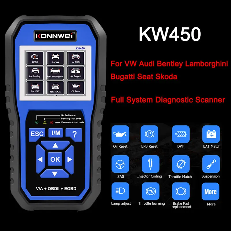 

KONNWEI KW450 OBD2 Car All Systems Diagnostic Tool for V AG for V W for Audi ABS Airbag Oil ABS EPB DPF SRS TPMS Reset Scanner