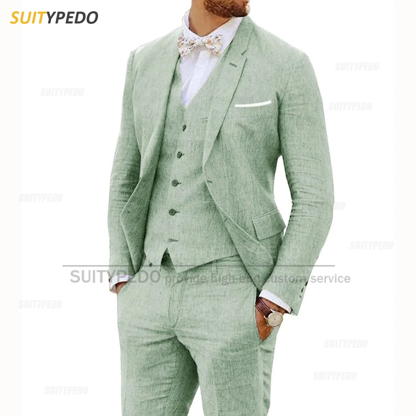 

2023 Linen Suit for Men 3 Pieces Casual Slim Fit Summer Classic Blazer Vest Pants Set Formal Prom Wedding Business Men Tuxedos