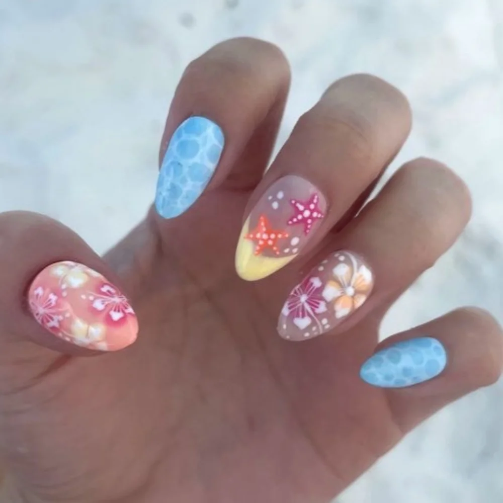 

24pcs Short Round False Nails Cute Colorful Flower Design Stick on Nail White French Fake Nail Almond Nude Pink Press on Nails