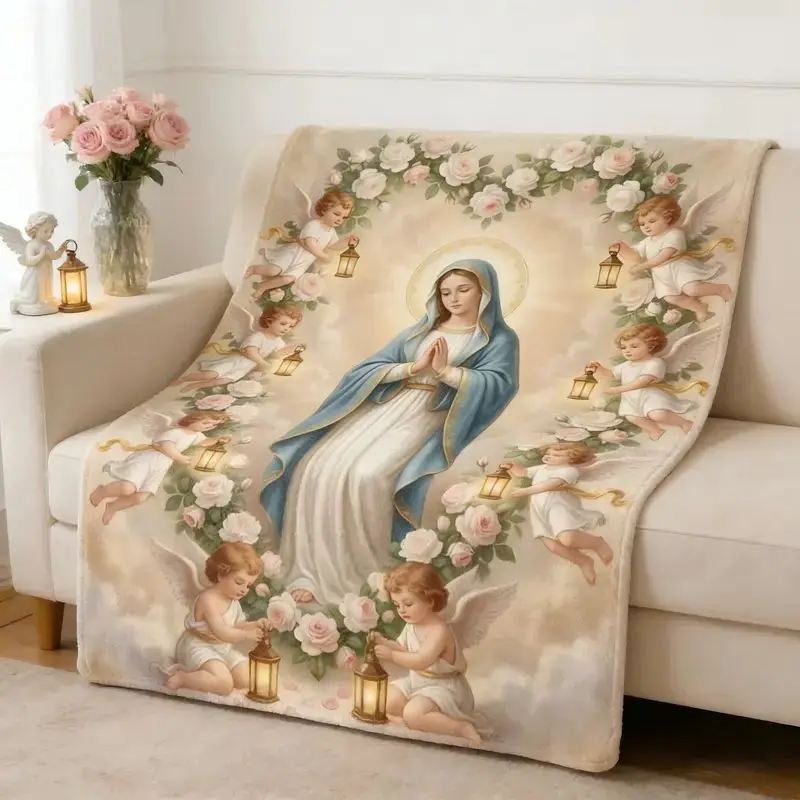 VIKAMA Virgin Mary Cherubs Rose Wreath Flannel Fleece Throw Blanket Sacred Art Soft Plush Bedroom Prayer Decor Gift for Catholic