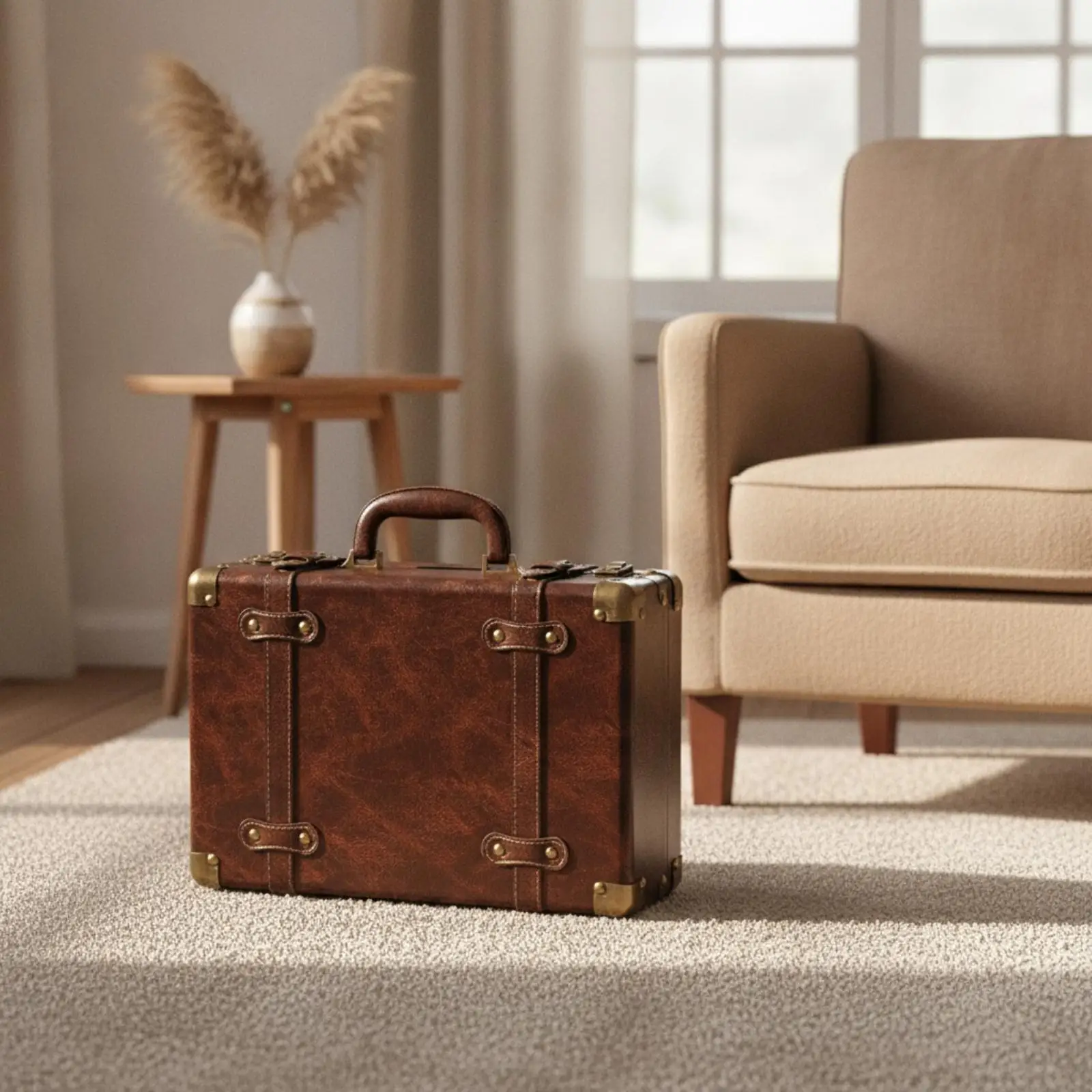 Vintage Travel Suitcase Prop with Cedar Wood Body Brown Leather Cover Decorative Storage Case for Retail Display Styling