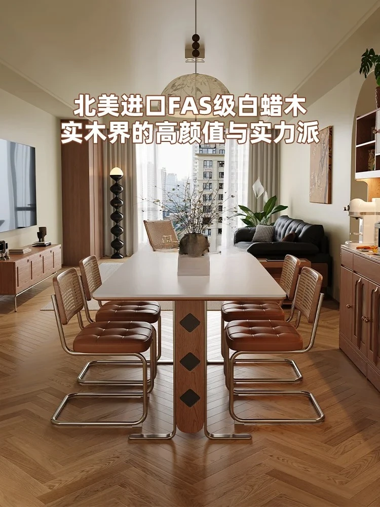 طاولة طعام ذات بلاطة صخرية فرنسية بتصميم مستطيل منزلي من الخشب الصلب من الفولاذ المقاوم للصدأ وطاولة طعام باوهاوس #4