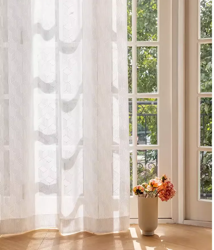 Geometric lace white sheer curtains for living room bedroom balcony minimalist modern French children's room tulle custom size