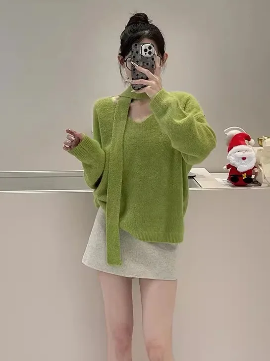 

Korean Sle V-Ne Sa Hanging Ne Knitted Sweater Women's Autumn Winter Loose Soft Versatile Long Sve Soft Cozy Sweater