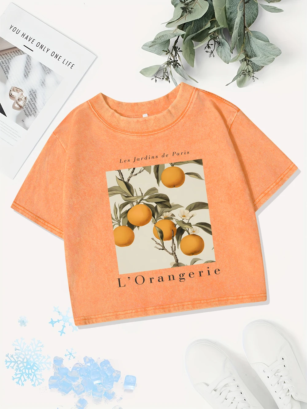 

Summer Cotton Crop Tops Womens L'Orangerie Printing Washed T-Shirts Casual O-Neck Regular Fit Streetwear Street Womans Clothes