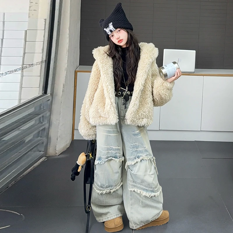 2025 New Winter Children's Hooded Wool Sweater Jacket Imitation Fur Warm Coat for Girls Wool Jacket for Boys