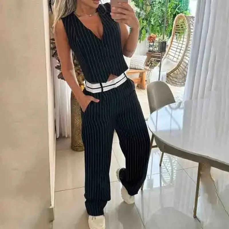 New Summer Sleeveless Striped Casual Suit Set For Women Elegant Button Vest Top+Striped Straight Leg Pants With Two-Piece Set