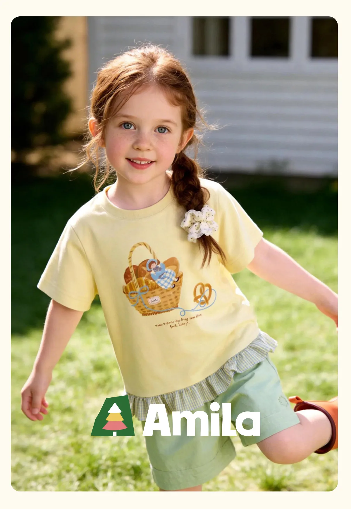 Amila 2026 Sommer-T-Shirt für Mädchen im neuen Stil mit kindlichen Illustrationen, kariertem Muster, Rüschensaum und coolen kurzen Ärmeln – Detail 1