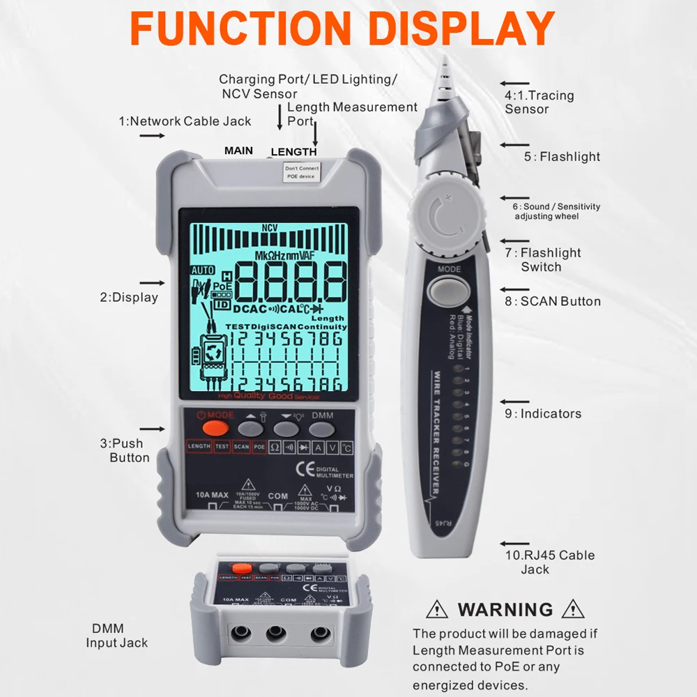 ET618PRO 2 In 1 Network Cable Tester POE Test Cable Short Open Circuit Measure Sensitivity Tracker 600M Length Wiremap Tester