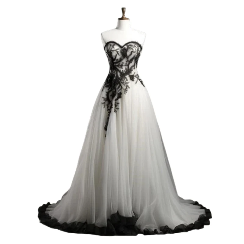 white wedding dress with black trim Black Floral Lace Wedding Dress White Chiffon Illusion Neckline –  loveangeldress