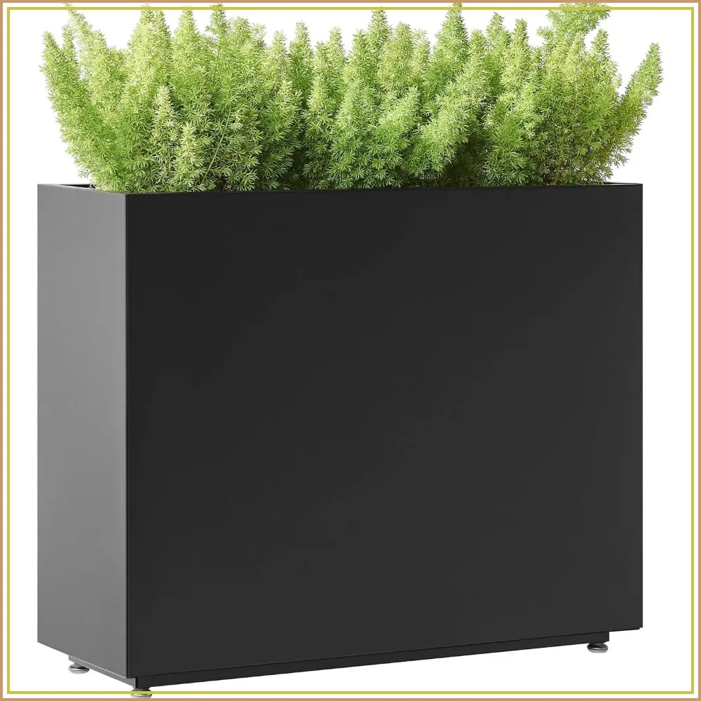 Black Metal Tall Planter with Middle Shelf, 36x11x30 Inch Indoor/Outdoor Plant Stand