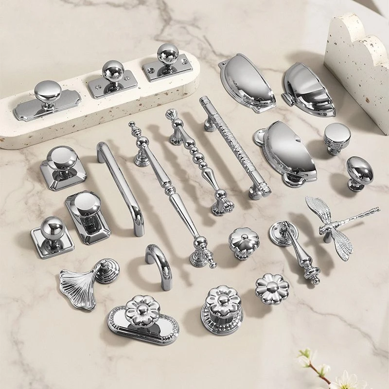 French Style Zinc Alloy Wardrobe Door Handle Modern Simple Chrome Plated Shiny Silver Drawer Solid Single Hole Cabinet Handle