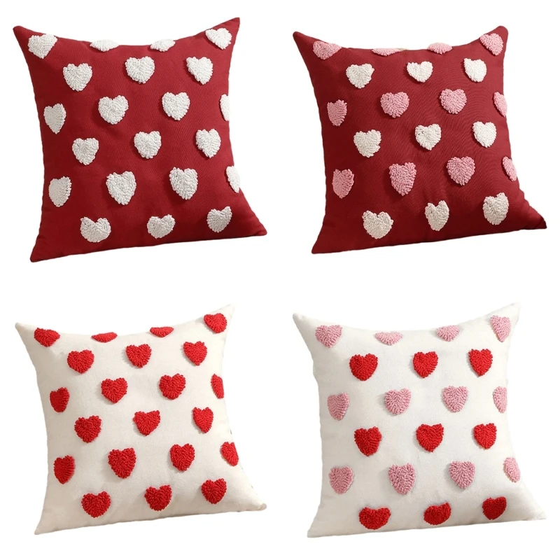 D0AD Love Heart Florals Embroidery Pillowcase Polyester Cotton for Romantics Home Accent