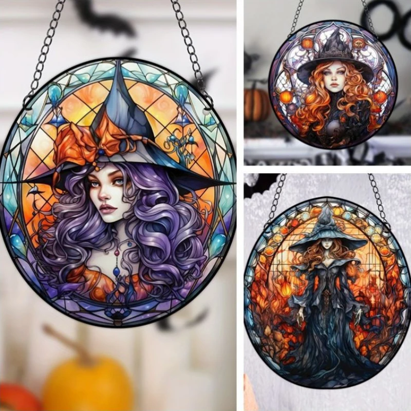 Witch Printed Stained Suncatcher for Window Room Home Decoration Wall Hanging Pendant Garden Round Acrylic Ornament Panel Gift