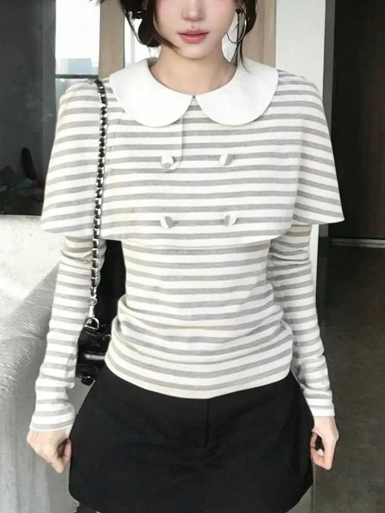 2026 Spring New Striped Tops Doll Collar Cute Cloak Fashion Design Slimming T-shirt Koeran Fashion Elegant Clothing Chic