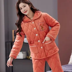 Women's Winter Pajamas Three Layers Thicken Homewear Coral Velvet Cotton Fleece Nigthwear Cute Warm Ladies Flannel Loungewear