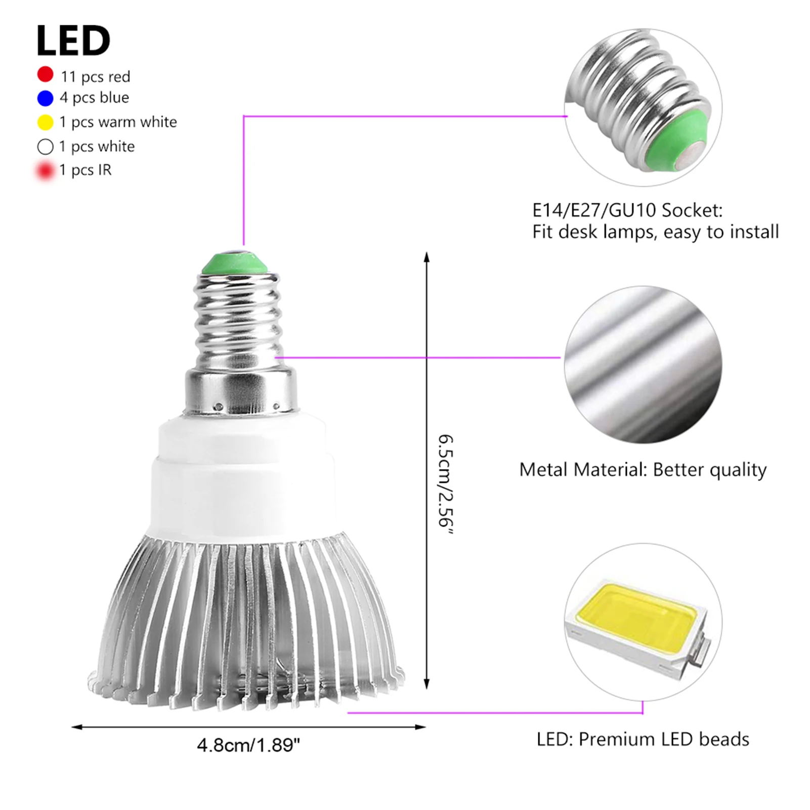 풀 스펙트럼 꽃 식물 수경 성장 전구, 85-265V, 18W, 18 LED, GU10
