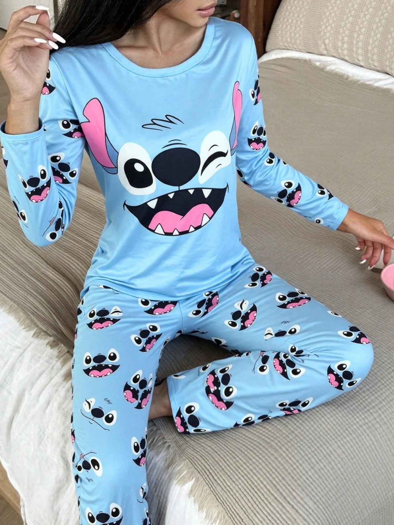 

new!Disney 2pcs Stitch Print Long Sleeve Cardigan & Pants Set For Women For Spring/Autumn Sports Outfit