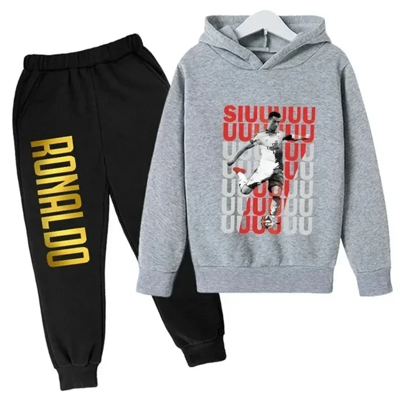 Autumn and winter Ronaldo creative printed children's hoodie set autumn and winter warm fleece hooded pants two-piece set sports