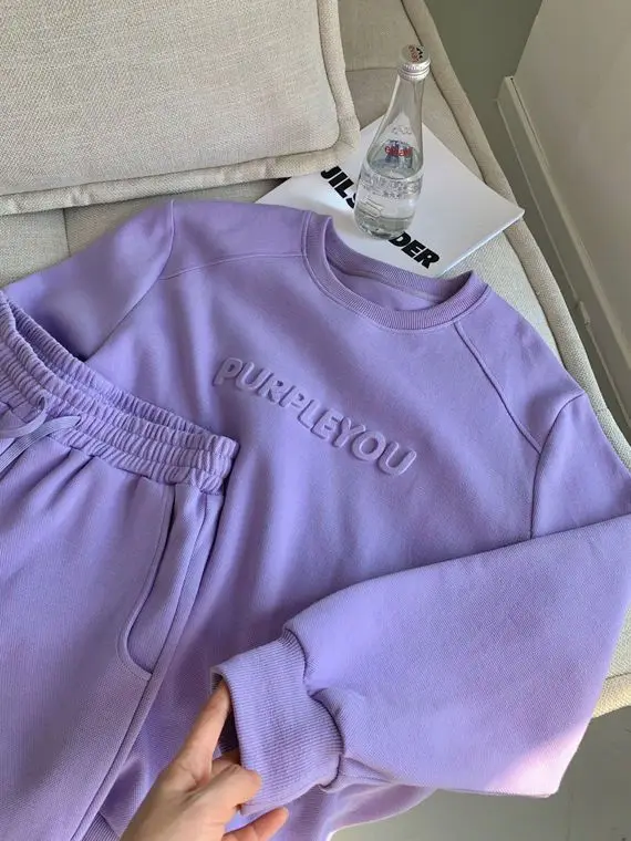 Damen 2026 Neuer Lila Sportanzug Frühling und Herbst Lässiger Modestil Lockerer Langarm-Pullover Oberteil und Hose 2-Teiliges Set – Detail 5