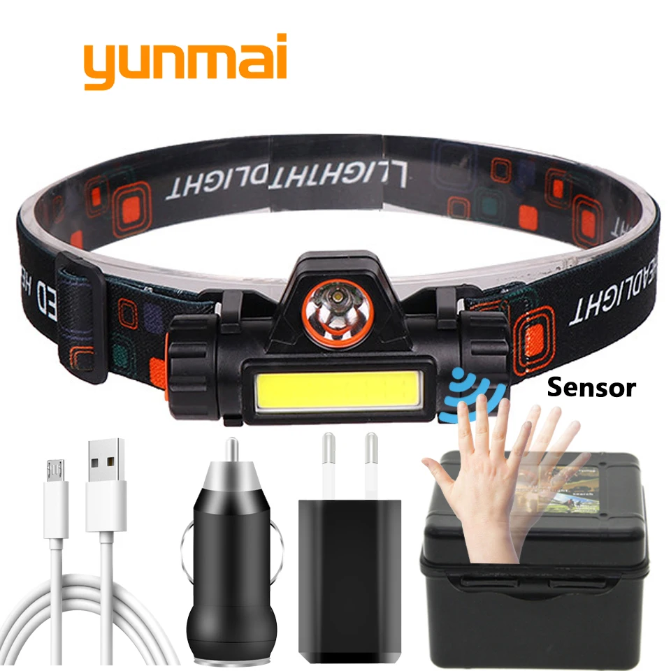 1300lm XP-G Q5 Sensor Headlamp Head Lamp Built in Usb Rechargeable 18650 Battery Headlight Waterproof Cob Led  Working Light 10W