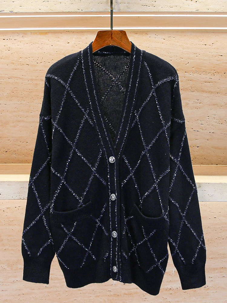 

M Home South Oil High End Women's Winter Design V Ne iny Sequin Plaid Loose Knitted Open Cardigan Outerwear