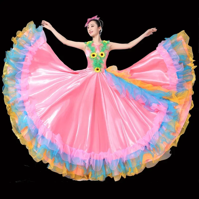 Vestido Espanhol de Dança Flamenca, Saia da Barriga, Fato de Prática, Balanço Grande Longo, Performance Cigana, Novo, 360 °, 540,720 Graus