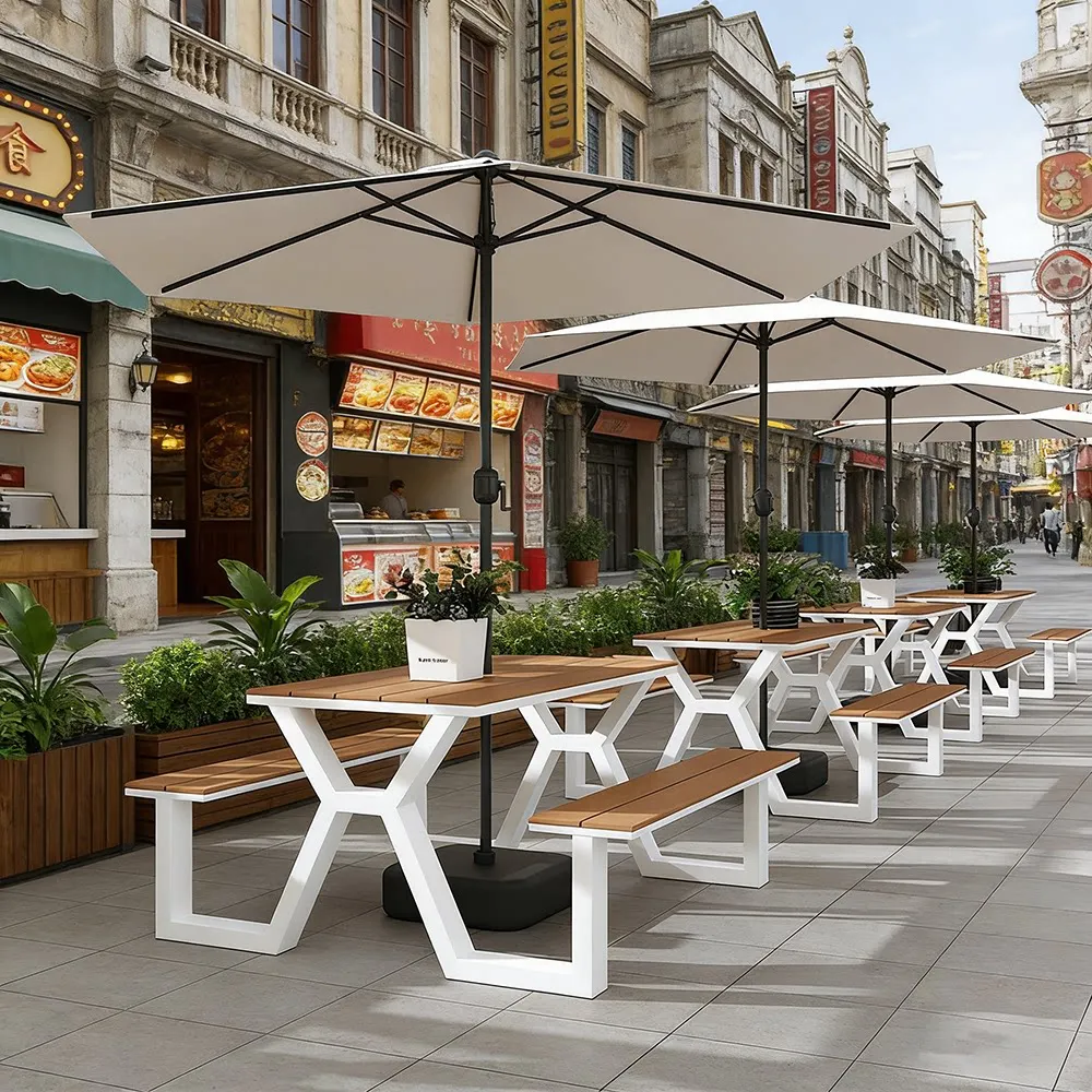 &Integrated Outdoor Iron Art Solid Wood Minimalist Modern Rectangular 4 Seater Table Chairs Set Courtyard Garden Park Use