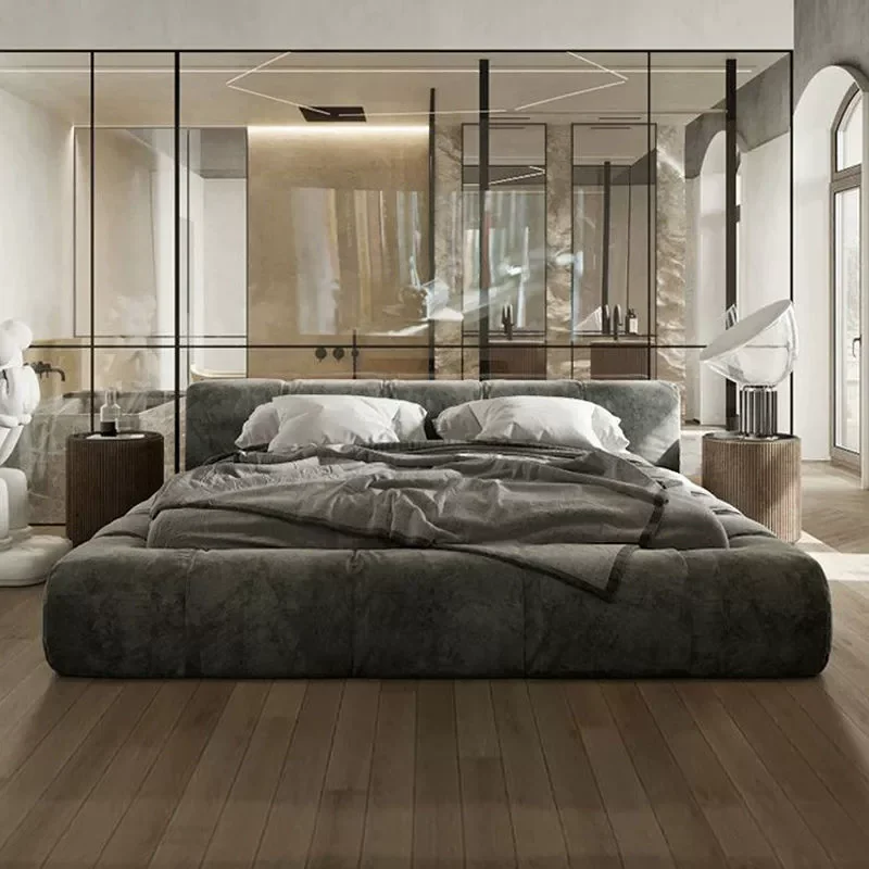 

Customizable Modern Italian Oak Bunk Bed Frame Queen King-Size Velvet Headboard Grey Upholstered Bedroom Furniture Adjustable