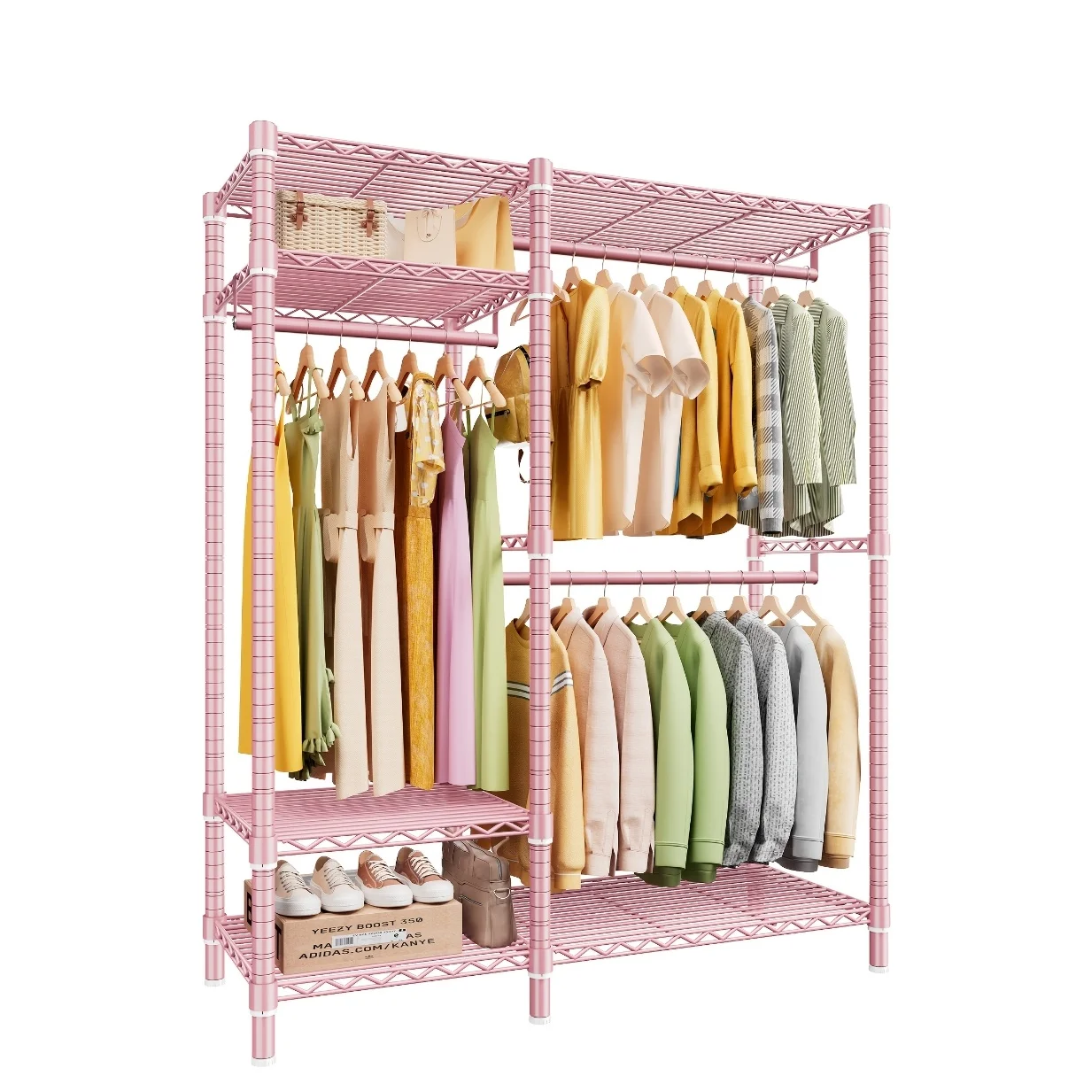 

Spacious Pink Metal Clothes Rack - Heavy Duty, Adjustable & Freestanding Wardrobe with 775LBS Capacity - Perfect for Hanging Coats, Hats, Shoes, Ties & Belts - Easy Assembly, Sturdy Garment Organizer, Clothes Organizer Storage