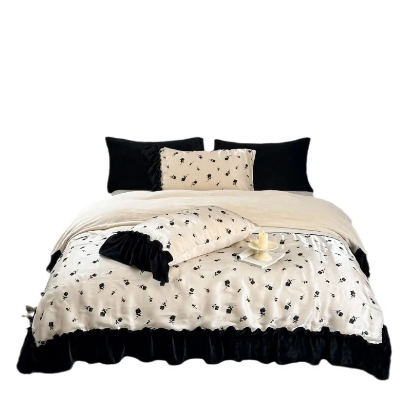 Korean style princess style milk velvet bed four piece set with lace retro print rose girl heart winter warmth kit