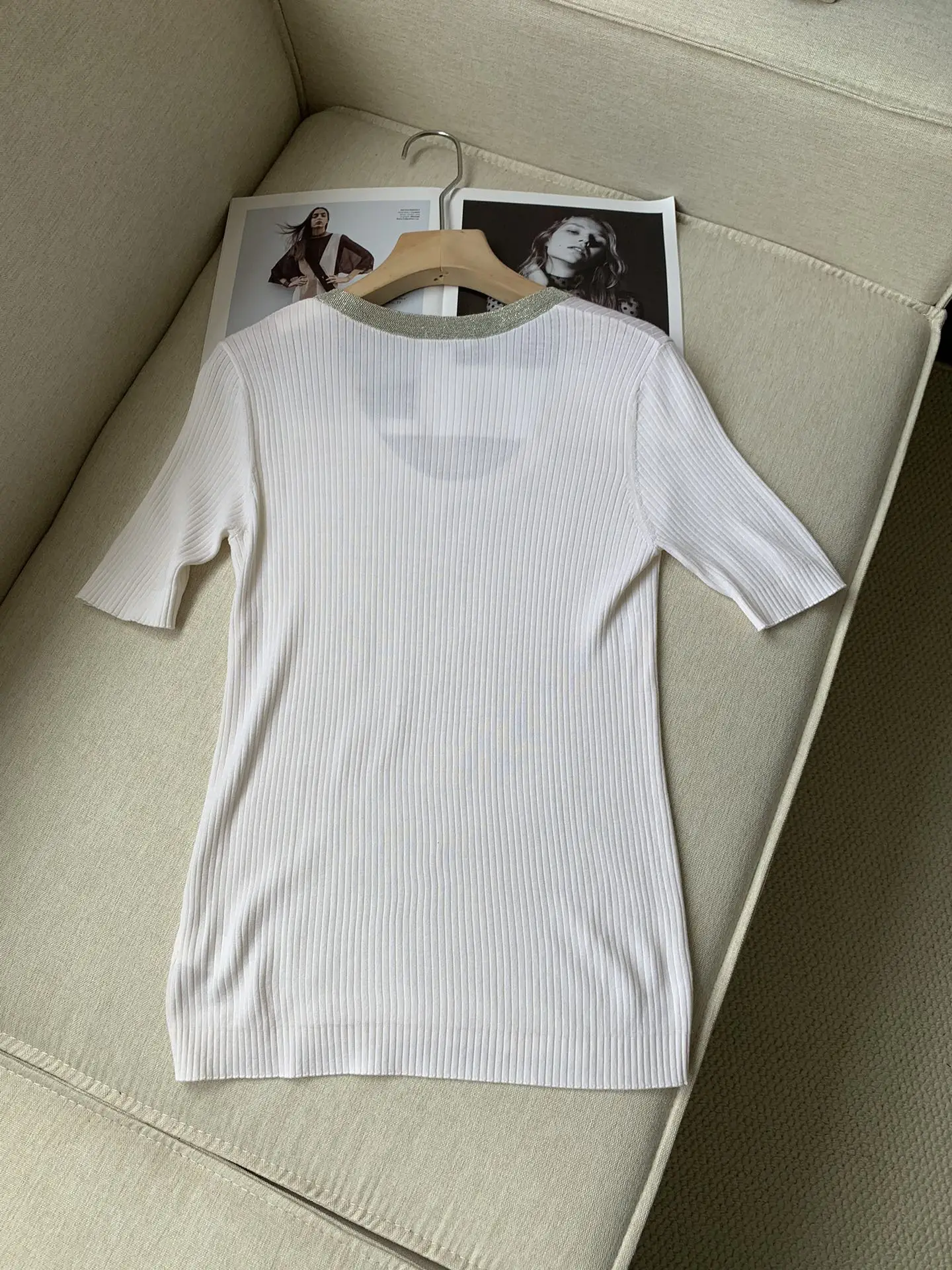 Women's T-shirt 2024 New Sprng Summer Bead Chain O-neck Casual Solid Color Short Sleeve Top