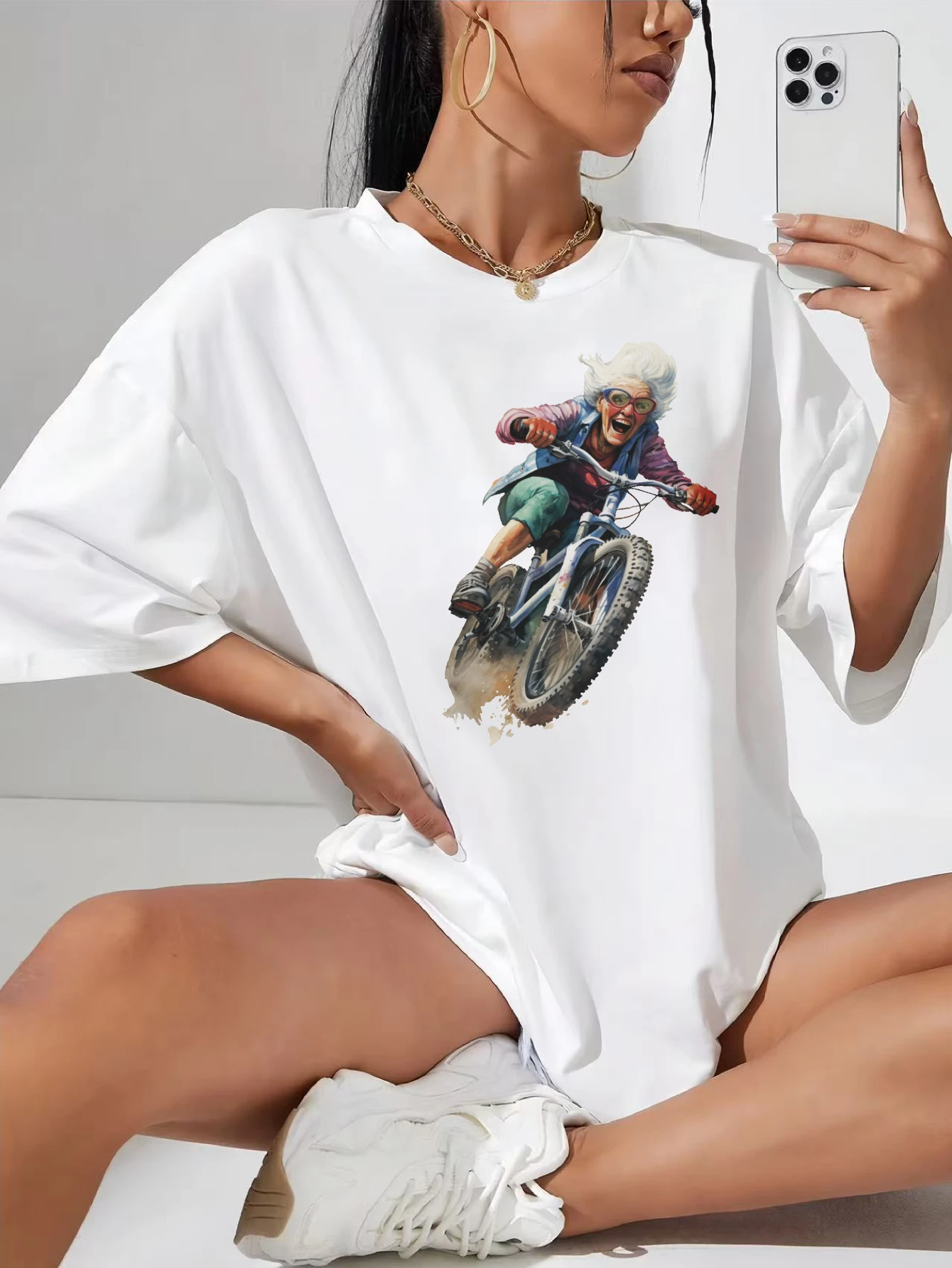 

Biking Granny Women's White T-Shirt Stylish Round Neck Loose Fit Great for Summer Festivals