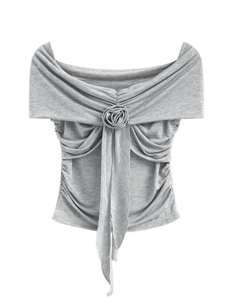 Elegant Off-shoulder Top Women 3d Rose Tied Sexy Crop Top Skinny Short Sleeve T Shirt Summer Tees Basic Blouse 2025 New