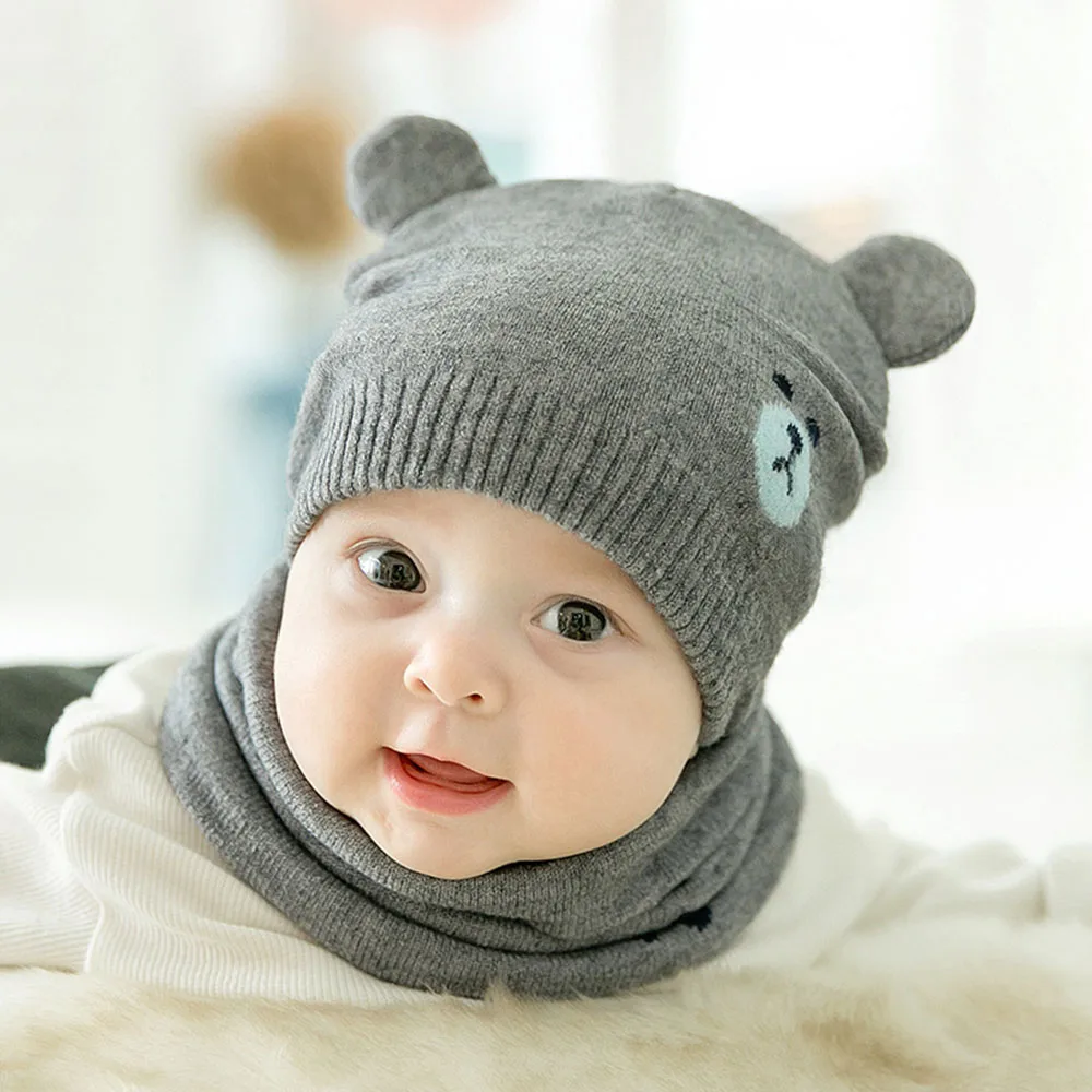 Baby Beanies Two-piece Warm Winter Wool Hat Scarf Set Thickened Boys Girls Scarfs Knitted Hat For Infant Kids 0-8 Month