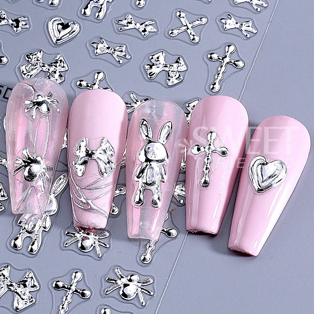 1/4 szt. Złote naklejki na paznokcie 5D z kokardką, punkowe serce/konik/pająk, ozdoby do paznokci Y2K, akcesoria do manicure, naklejki z zawieszkami